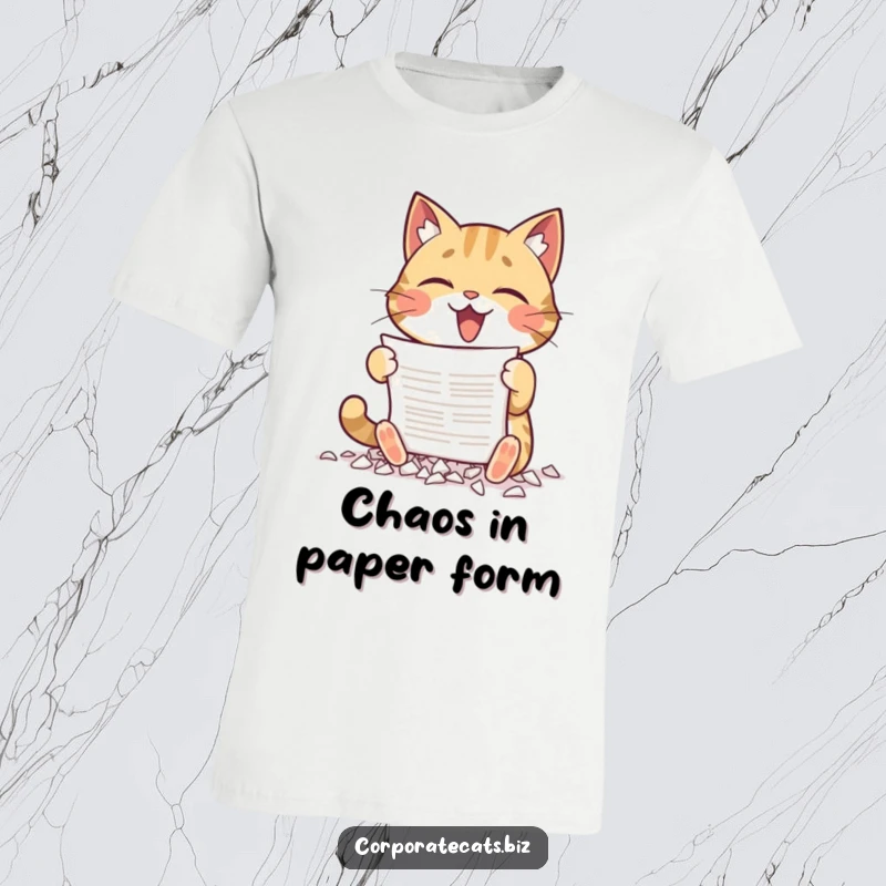 Funny t-shirt showing a cat gleefully shredding a document with its paws, perfect for expressing inner chaos and humor.