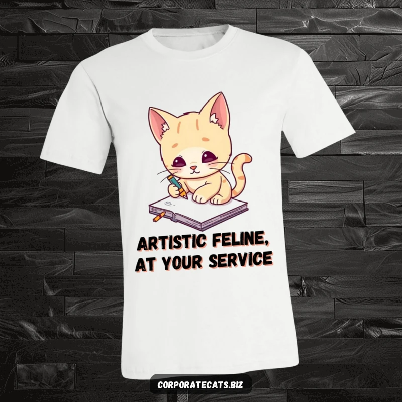 Funny cat artist t-shirt, a creative cat wearing an artist's smock sketches on a miniature notepad, full of artistic charm.