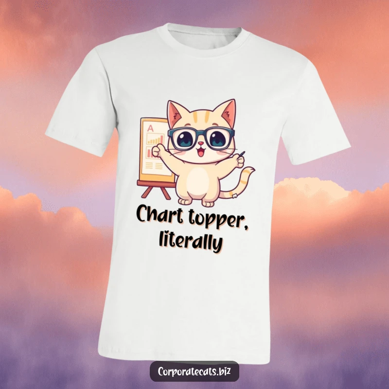 A cat wearing glasses excitedly points at a chart on this funny t-shirt, celebrating analytical insights.