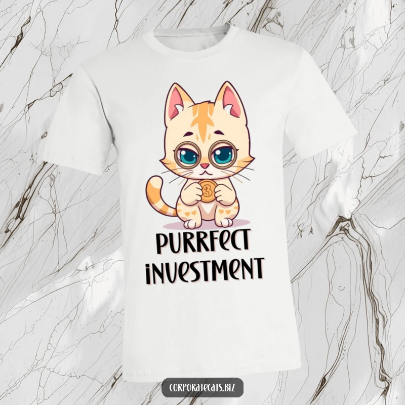 Funny t-shirt depicting a mischievous cat wearing a monocle, intently examining a coin, a humorous design for the curious.