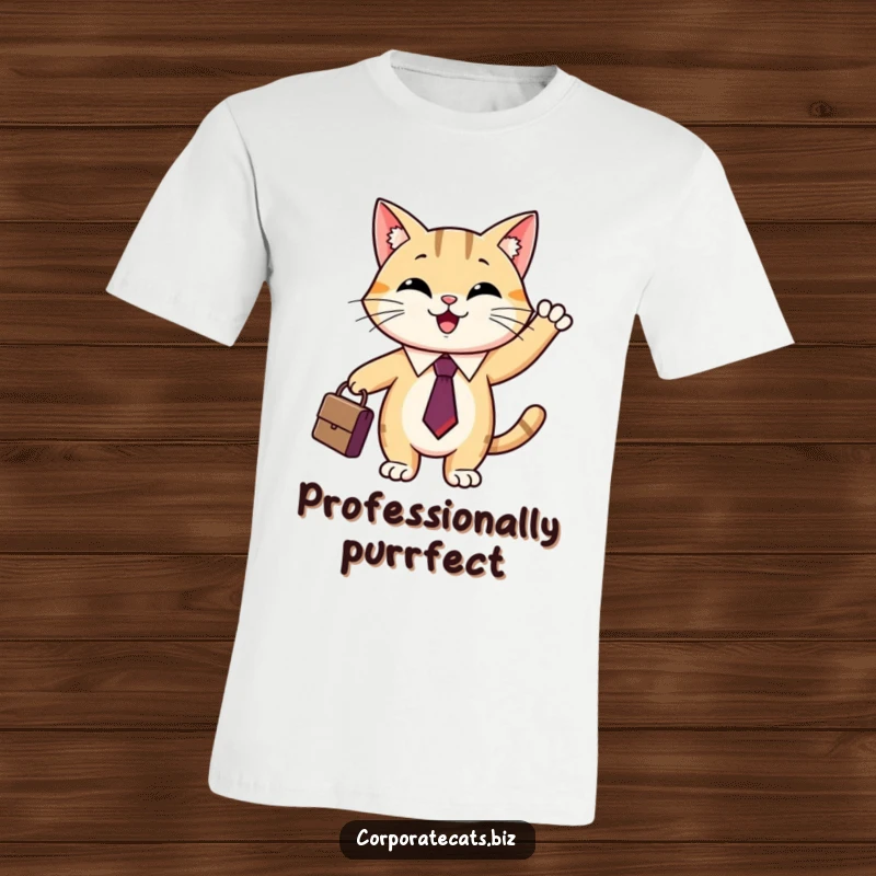 Funny cat in tie t-shirt featuring a smiling cat in a suit waving a small briefcase, symbolizing corporate hustle.