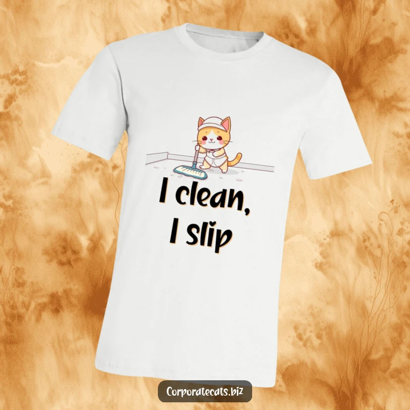 Funny T-Shirt: A comical cat janitor slides across a freshly mopped floor, hands out, expression of shock.