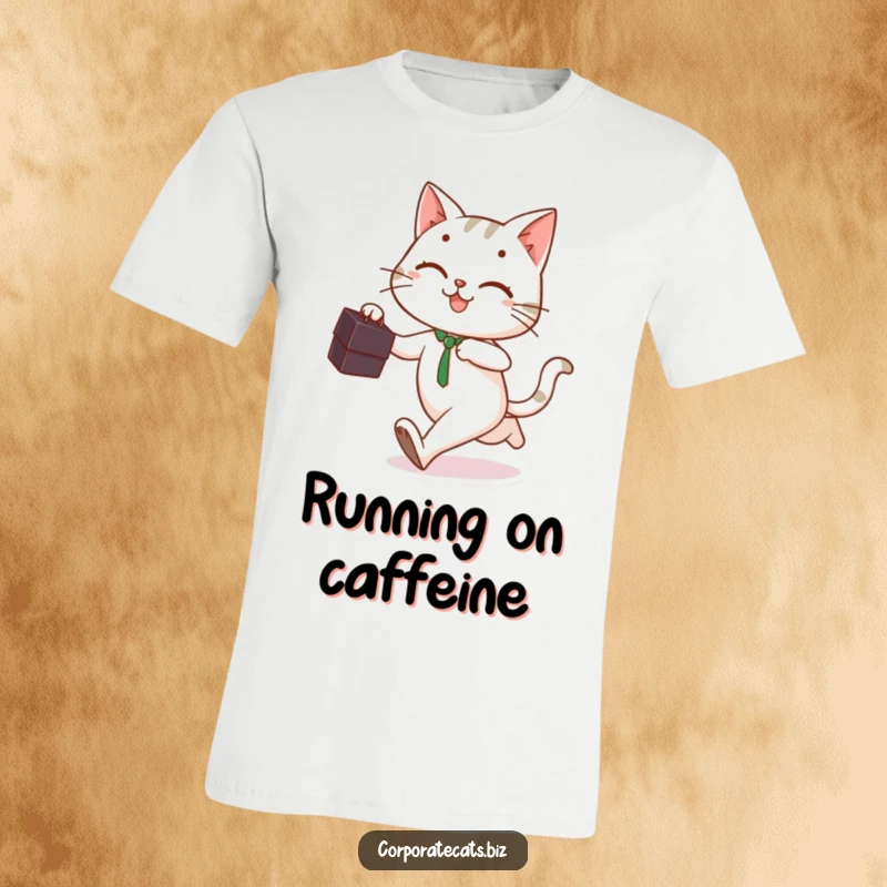 Playful cat holding a briefcase, running with a smile, featured on a fun and funny t-shirt.
