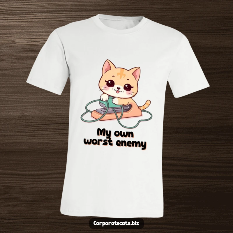 Funny cat stapler t-shirt, comically tangled in its cord, representing the hilarious struggles of office life.