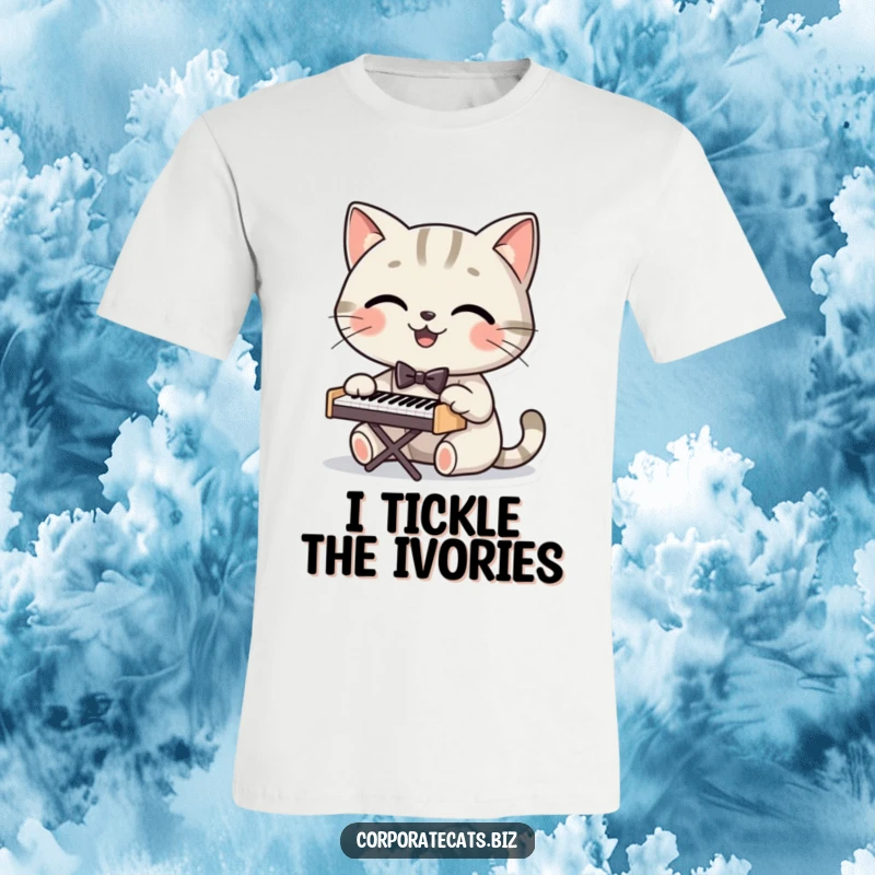 Funny t-shirt featuring a smiling cat in a bowtie, playing a tiny piano with musical notes, a humorous and stylish design.