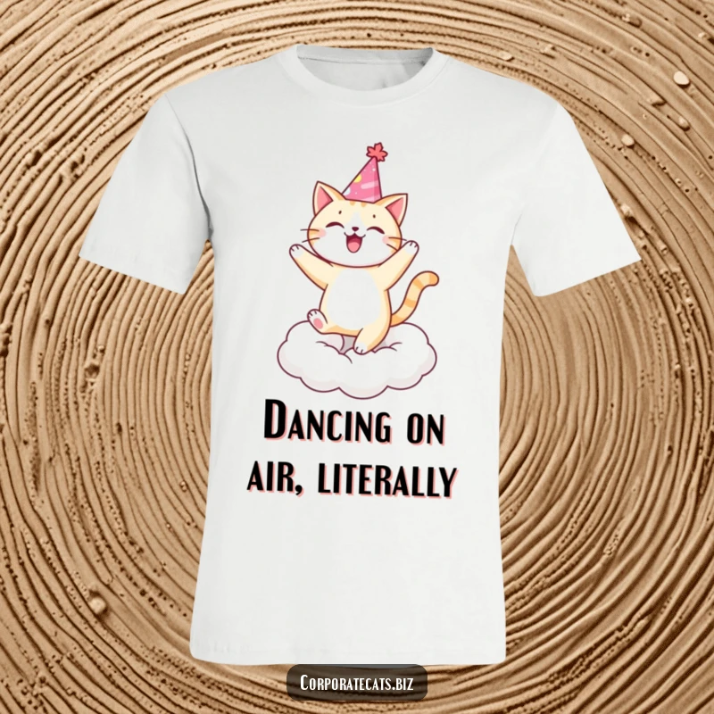 Funny cat in a party hat, dancing with abandon on a cloud, embodying pure happiness. A great funny gift.