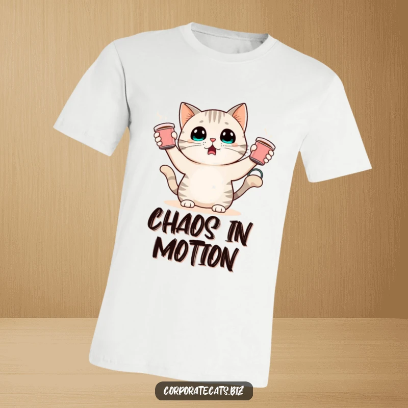 Funny t-shirt featuring a wide-eyed cat character hilariously juggling small coffee cups. Comical and relatable design.