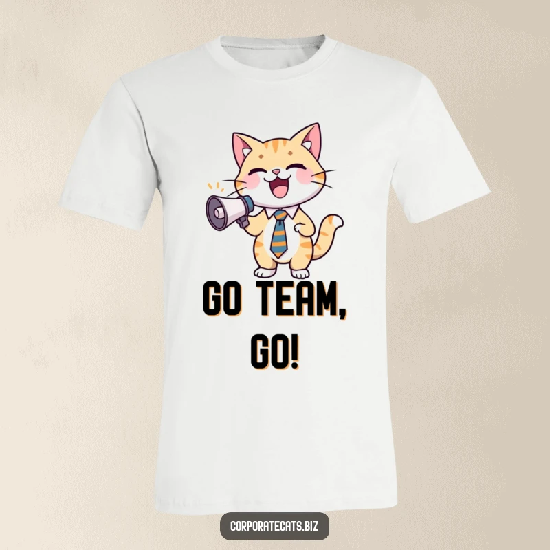 Funny cat t-shirt with a dapper cat in a tie, holding a tiny megaphone and cheering loudly with infectious energy.