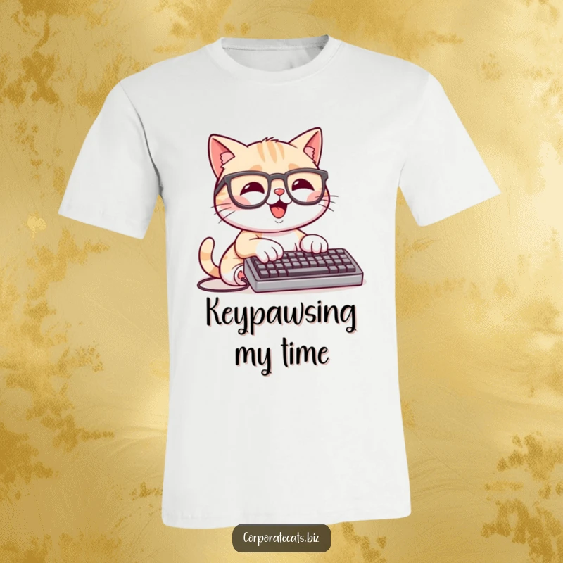 Funny Coder Cat T-Shirt: a happy cat character wearing glasses and typing furiously on a tiny keyboard, all about the code.