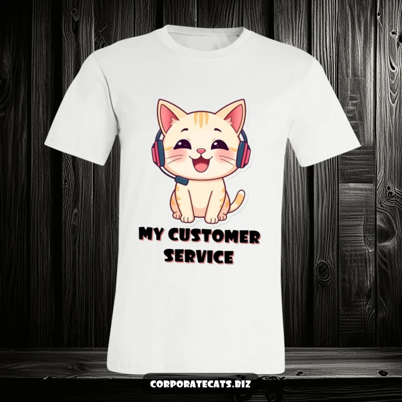 Funny t-shirt depicting a cheerful cat wearing a tiny headset and talking, perfect for gamers and communication enthusiasts.