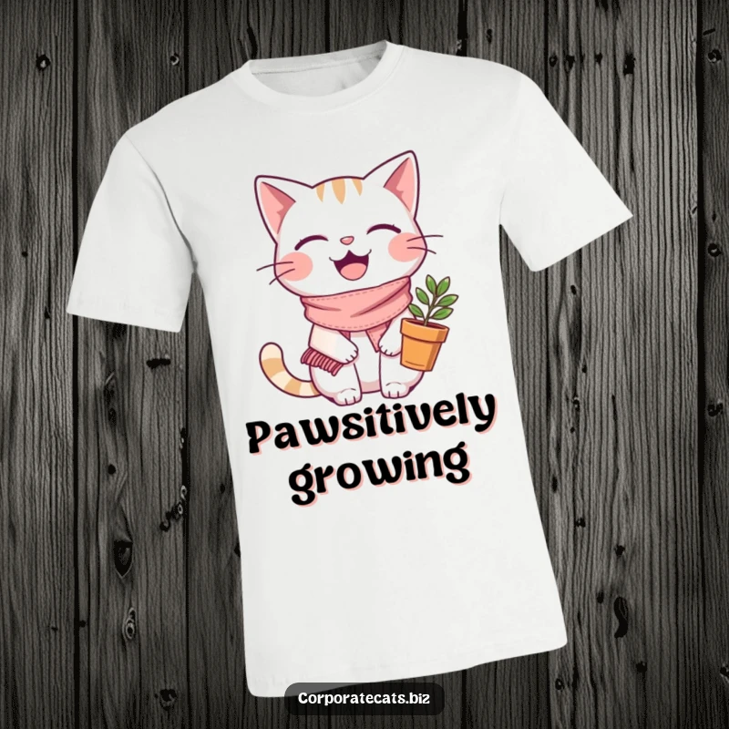 Funny happy cat t-shirt, wearing a small scarf and holding a plant pot, showcasing a love for gardening and joy.