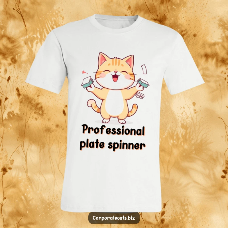 Funny t-shirt showcasing a cheerful cat character skillfully juggling numerous small paper stacks, embodying a busy and humorous office worker.