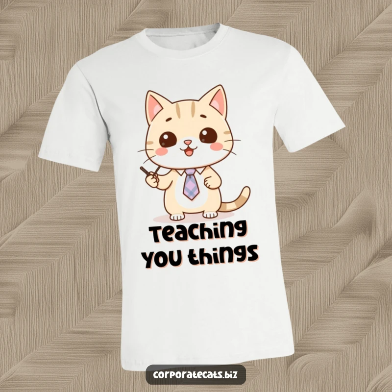 Funny cat t-shirt depicting a cute cat wearing a small tie, using a pointer to give a presentation.
