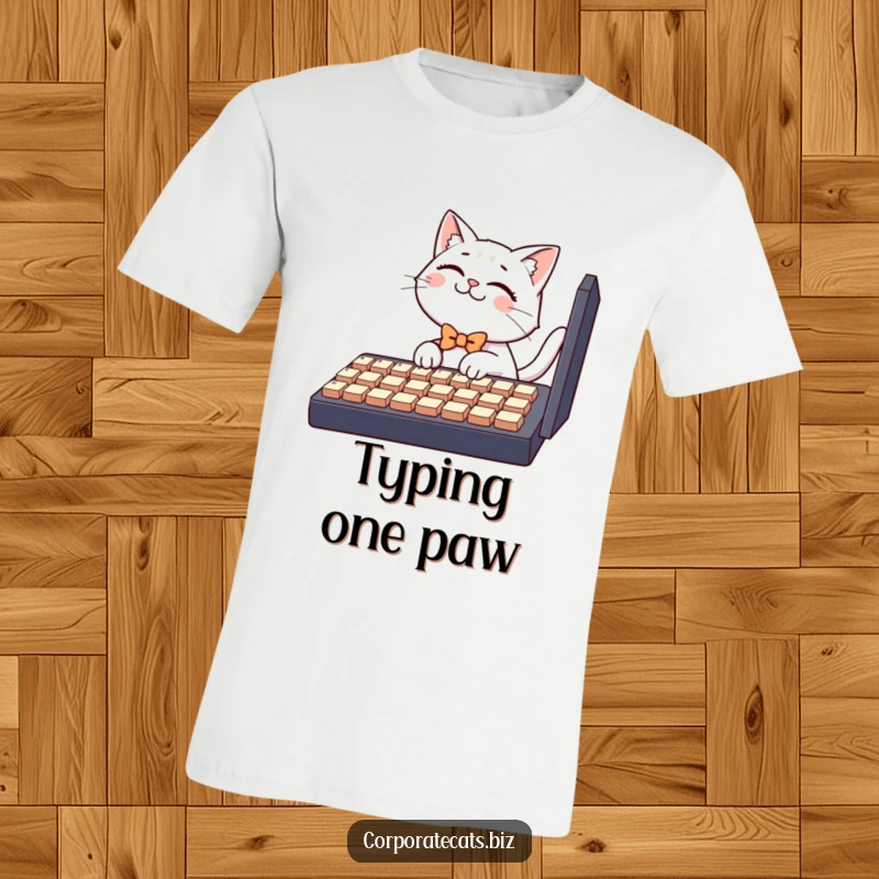 Funny cat t-shirt, a giggling cat wearing a bowtie attempts to type on an oversized keyboard, a humorous take on coding life.