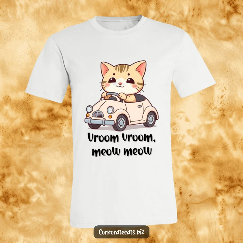 Funny t-shirt featuring a cute cat character joyfully driving a tiny toy car. Playful and humorous apparel.