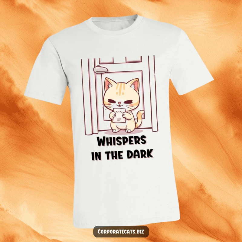 Funny Sneaky Cat T-Shirt: a mischievous cat character slipping a tiny memo under a door with a smirk, full of secrets.
