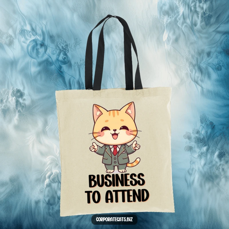 Funny cat tote bag illustrating a cat in a business suit, holding a pointer and presenting professionally.