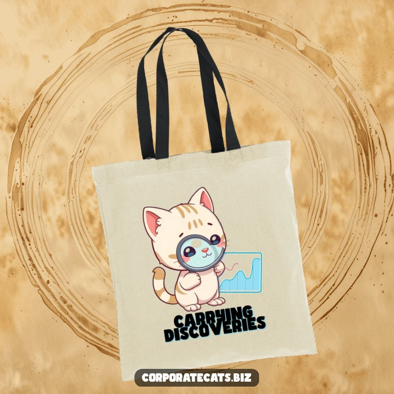 Funny cat holding a magnifying glass over a graph, depicted as a curious detective on a versatile tote bag for everyday use.