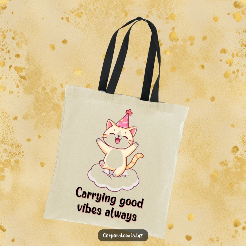 Funny cat in a party hat, dancing joyfully on a cloud, a whimsical tote for party lovers. An amazing funny gift.