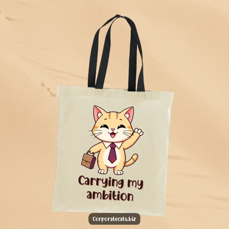 Funny briefcase cat tote bag showing a smiling cat in a tie ready for work, waving a small brown briefcase.