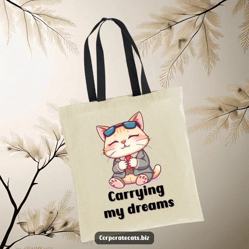 Funny tote bag showcasing a content cat in a business suit sleeping peacefully, perfect for carrying items with a relaxed feel.