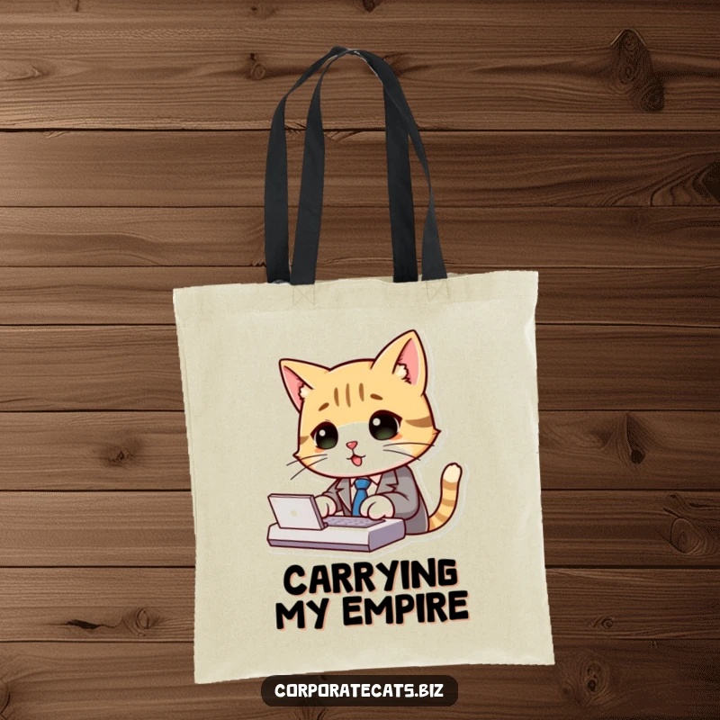 Funny cat in a suit and tie typing on a keyboard, designed on a practical and funny tote bag.