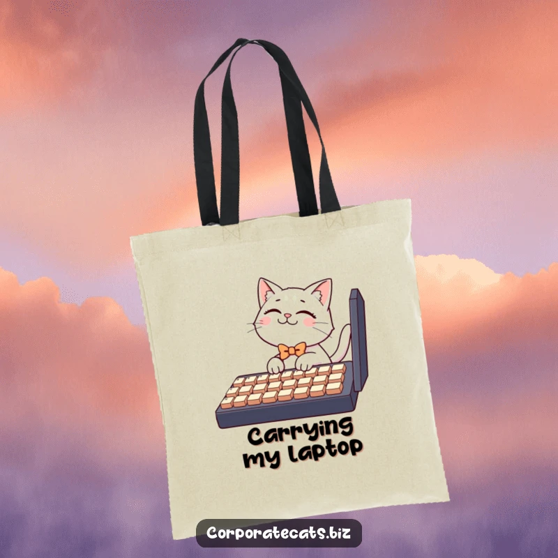 Funny tote bag, a giggling cat character wearing a bowtie tries to type on a very large keyboard, showcasing tech enthusiasm humorously.