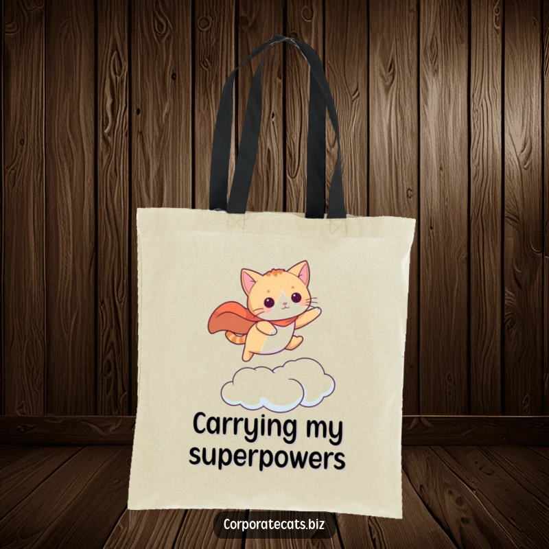 Funny cat in a cape, leaping between clouds, a stylish tote for adventurers. An amazing funny gift.