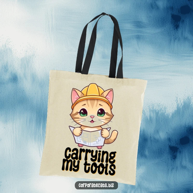 Funny Architect Cat Tote Bag: a playful cat wearing a hard hat, inspecting a blueprint, great for carrying supplies.