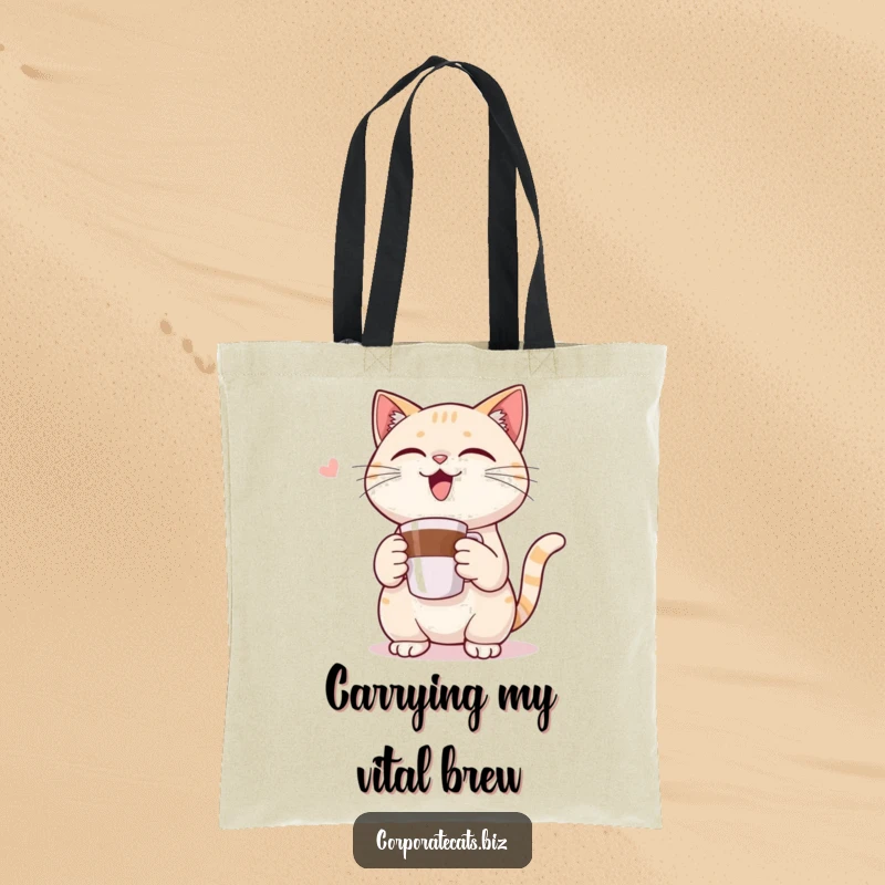 Funny tote bag depicting a triumphant cat character holding a miniature coffee cup, perfect for daily errands with a smile.