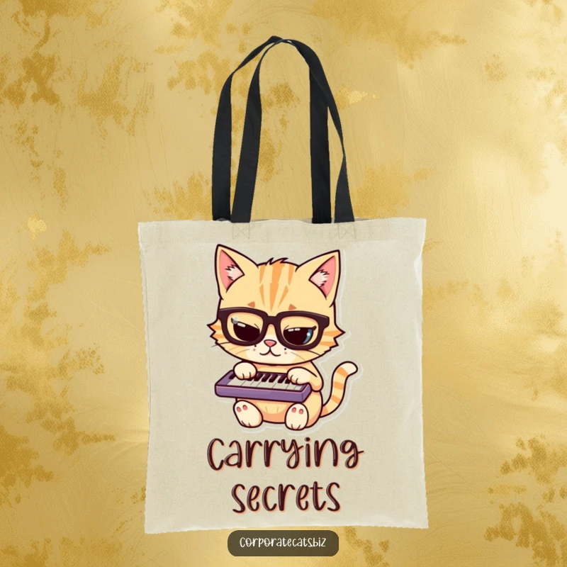 Funny cat tote bag illustrating a cat with glasses intently playing a small keyboard, symbolizing intelligence and mischief.
