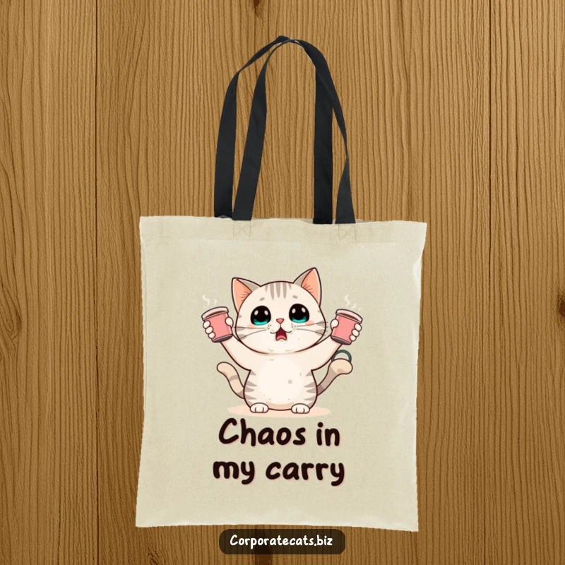 Funny tote bag featuring a surprised cat character juggling small coffee cups. A humorous and practical tote for daily use.