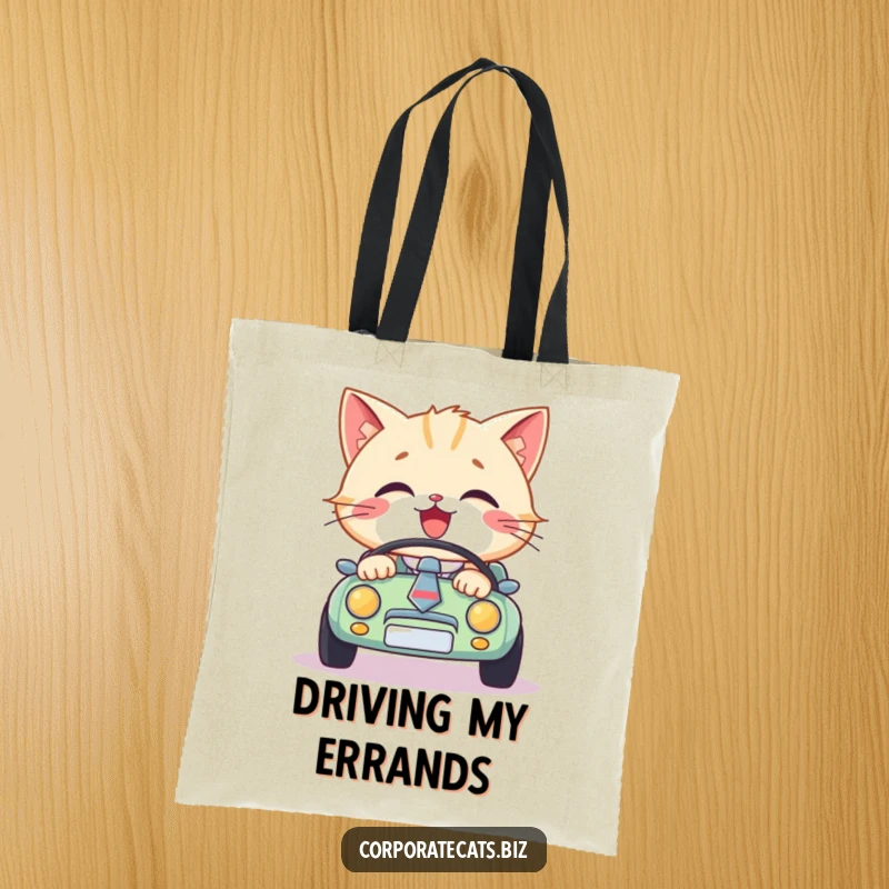 Funny cat wearing a necktie, driving a toy car, this tote bag is a humorous accessory and a fantastic funny gift for cat lovers.
