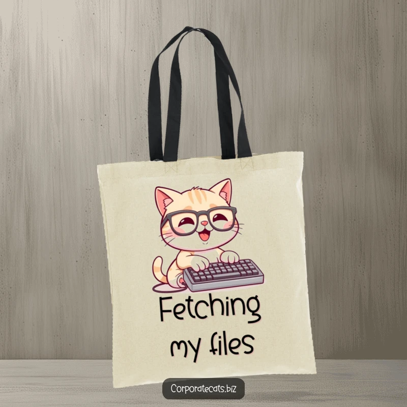 Funny Laptop Cat Tote Bag: a happy cat character wearing glasses and typing on a tiny keyboard, great for carrying tech.