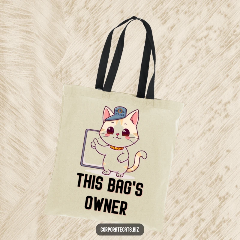 Funny tote bag with a proud cat in a tiny boss hat pointing authoritatively, showcasing a confident and humorous accessory for shoppers.