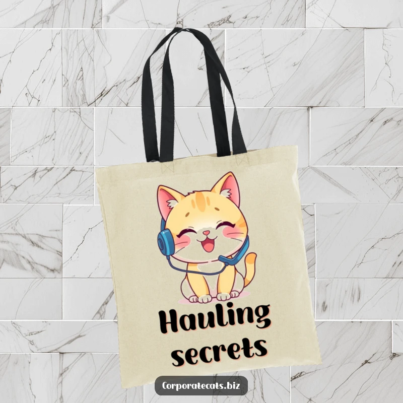 Funny tote bag showing a happy cat with a headset on a pretend phone call, great for carrying items with a touch of humor.