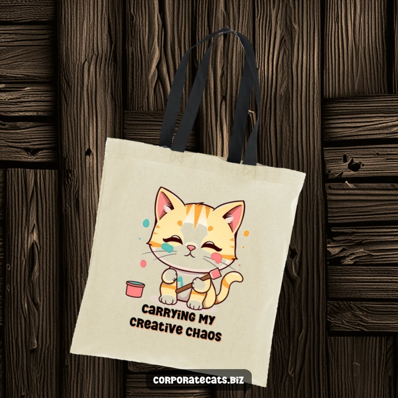 Funny Tote Bag: A comical cat artist smears paint on its face, looking surprised with colorful splatters.