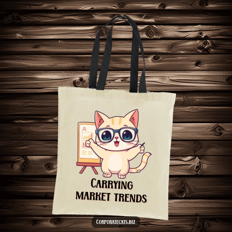 Funny cat with glasses excitedly points at a rising chart on a durable tote bag, perfect for carrying data.