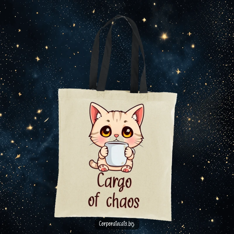 Funny tote bag printed with a surprised cat with wide eyes holding a coffee cup, a humorous and practical accessory.