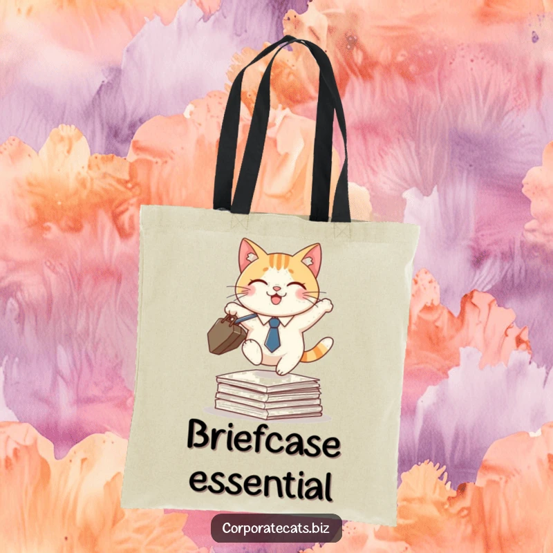 Funny tote bag with a smiling cat in a tie, briefcase in paw, leaping over a stack of papers, symbolizing a busy lifestyle.