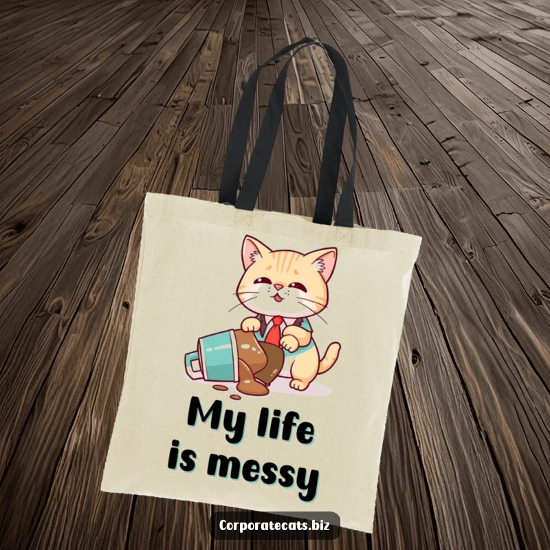 Funny Tote Bag: A comical cat executive juggles tasks, accidentally knocking over a coffee mug with a comical expression.