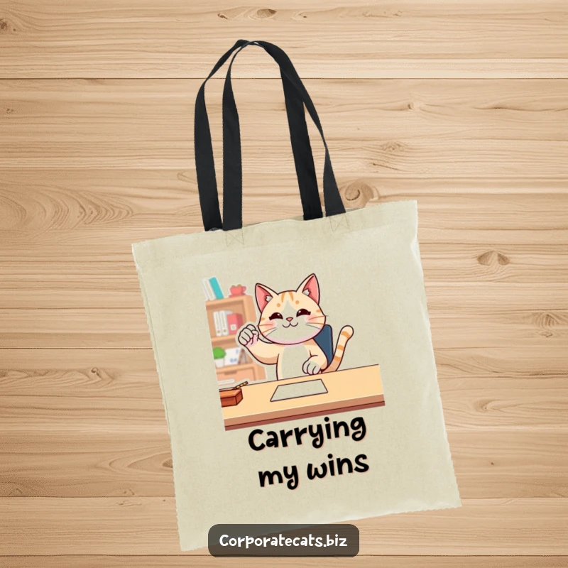 Funny cat performing a triumphant fist pump at a desk on a durable tote bag, perfect for carrying success.