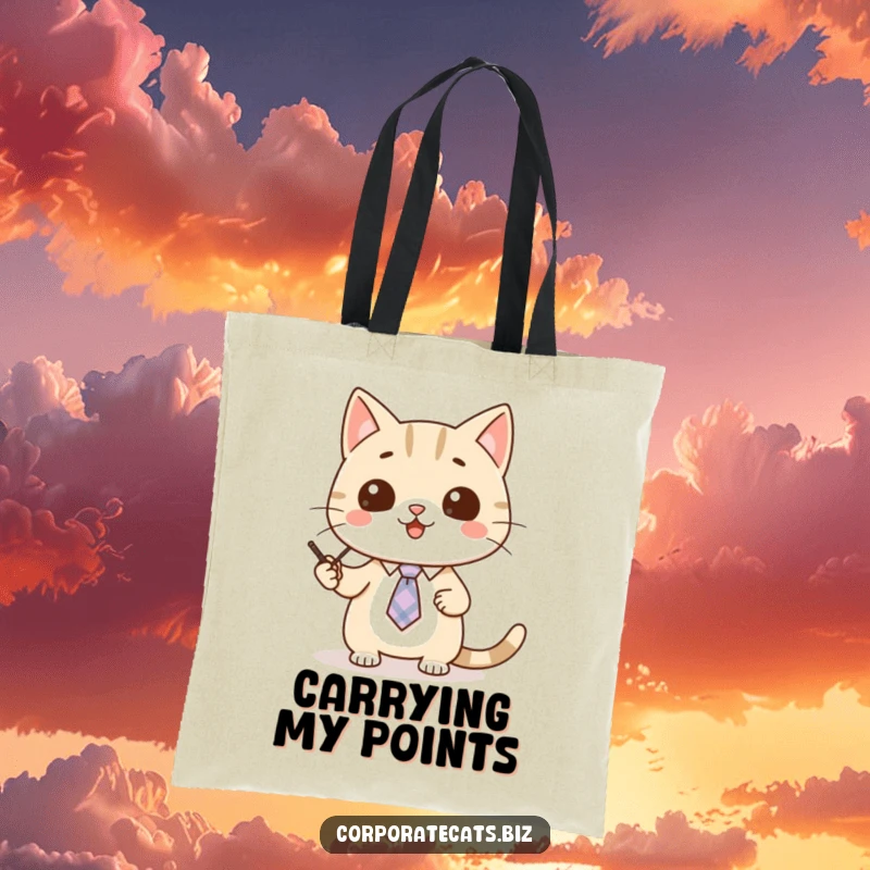 Funny cat tote bag showing a cute cat in a tiny tie, enthusiastically giving a presentation with a pointer.