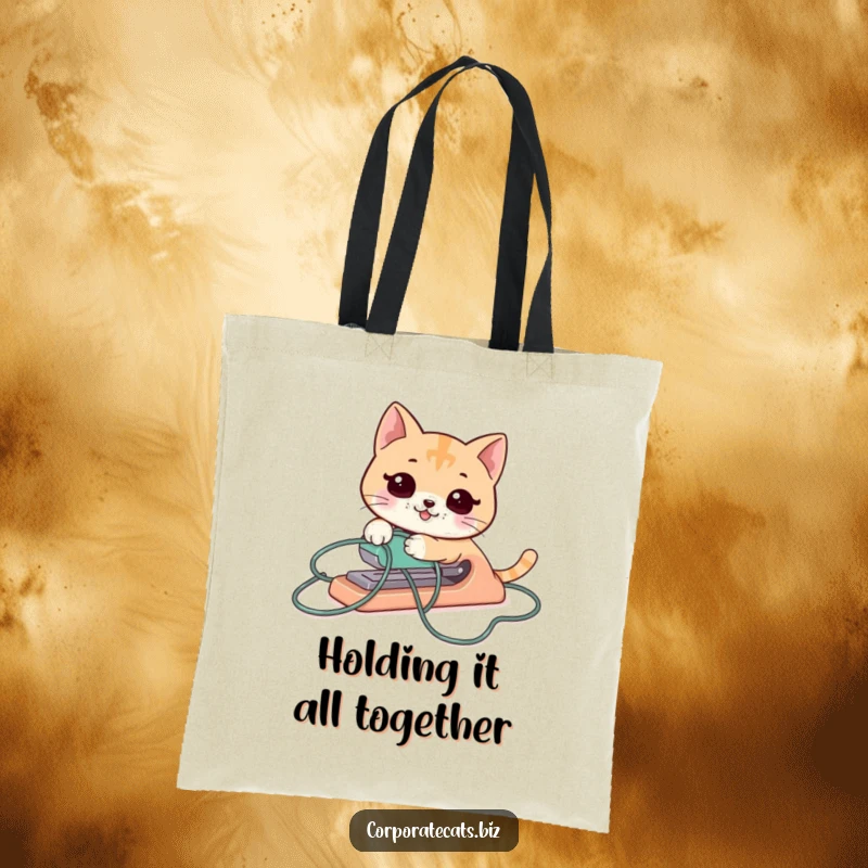 Funny cat stapler tote bag, comically tangled, perfect for carrying work items with a side of humor.