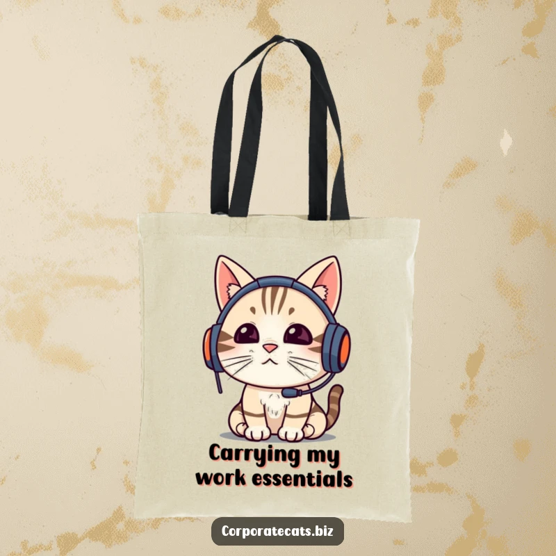 Funny cat with a headset on a video call, depicted on a durable tote bag, perfect for shopping or work, a funny gift.