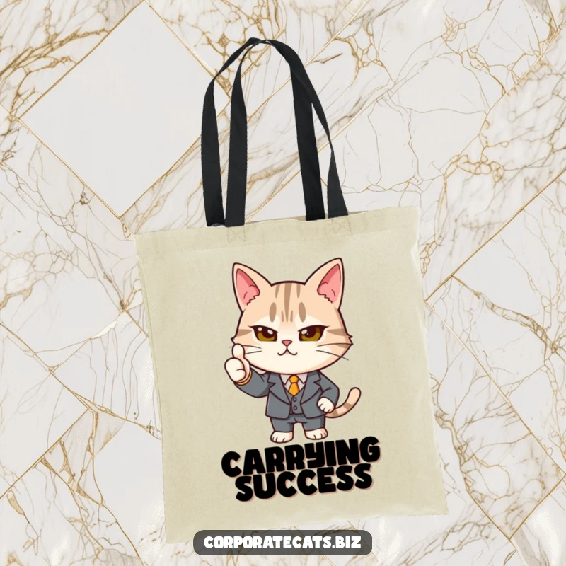 Funny determined cat tote bag in a tiny suit giving a strong thumbs-up, a stylish and humorous accessory for carrying items professionally.