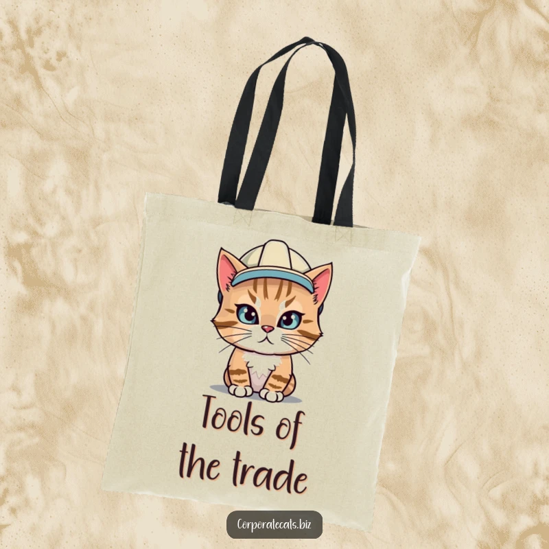 Funny tote bag with a determined cat in a hard hat, representing strength and construction site amusement.
