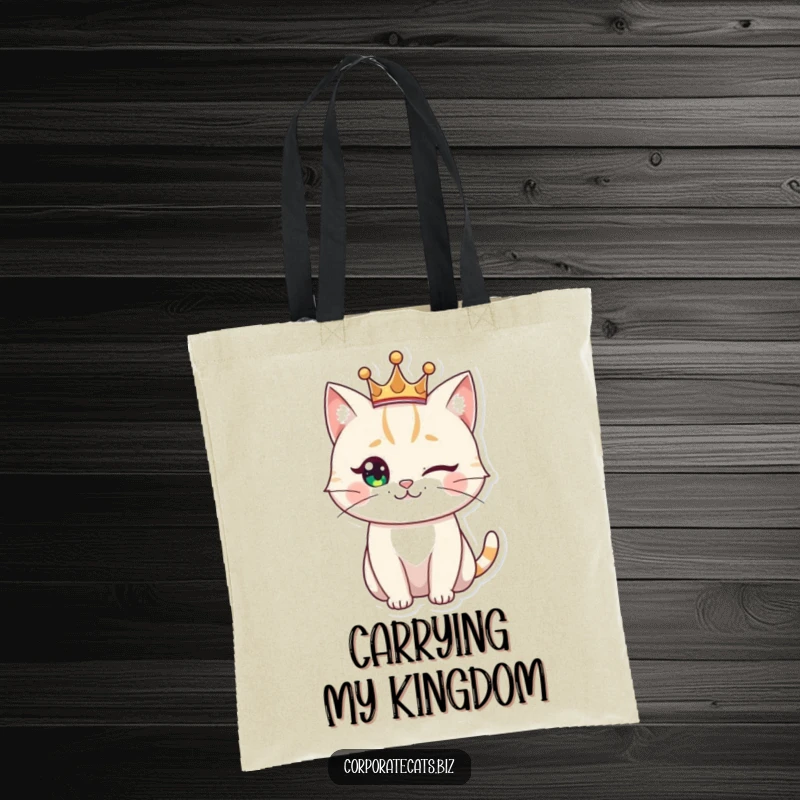 Funny regal cat tote bag, wearing a small crown and winking, a stylish and humorous accessory for cat enthusiasts.