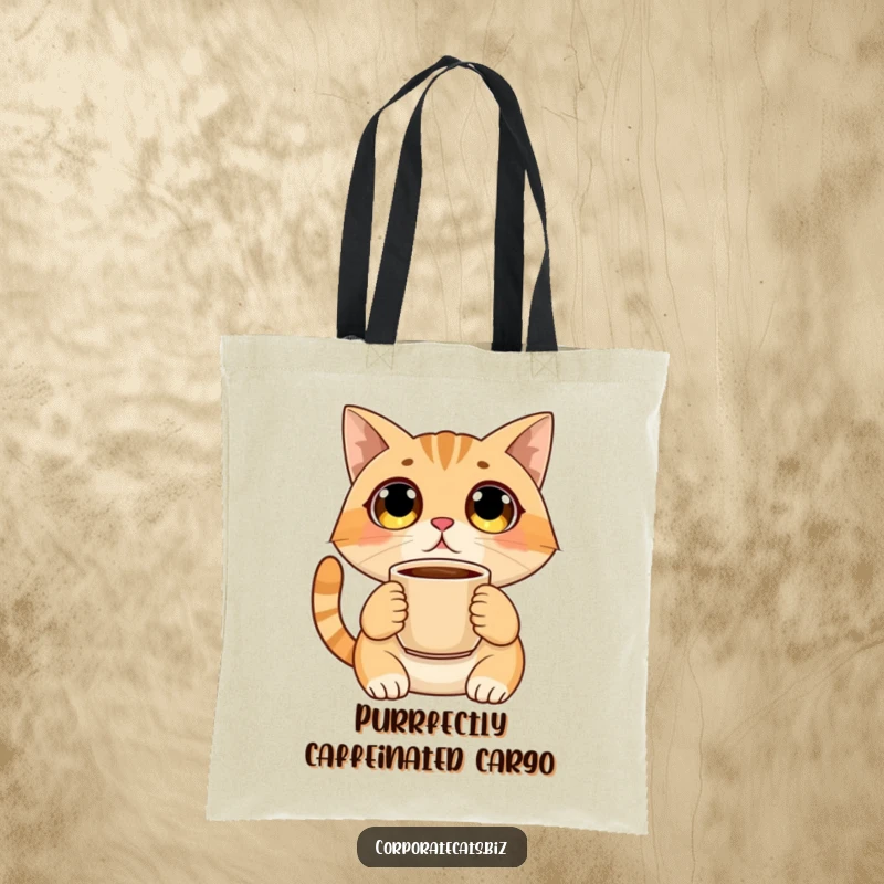 Funny tote bag with a wide-eyed surprised cat holding a coffee cup, perfect for carrying groceries or daily essentials with humor.