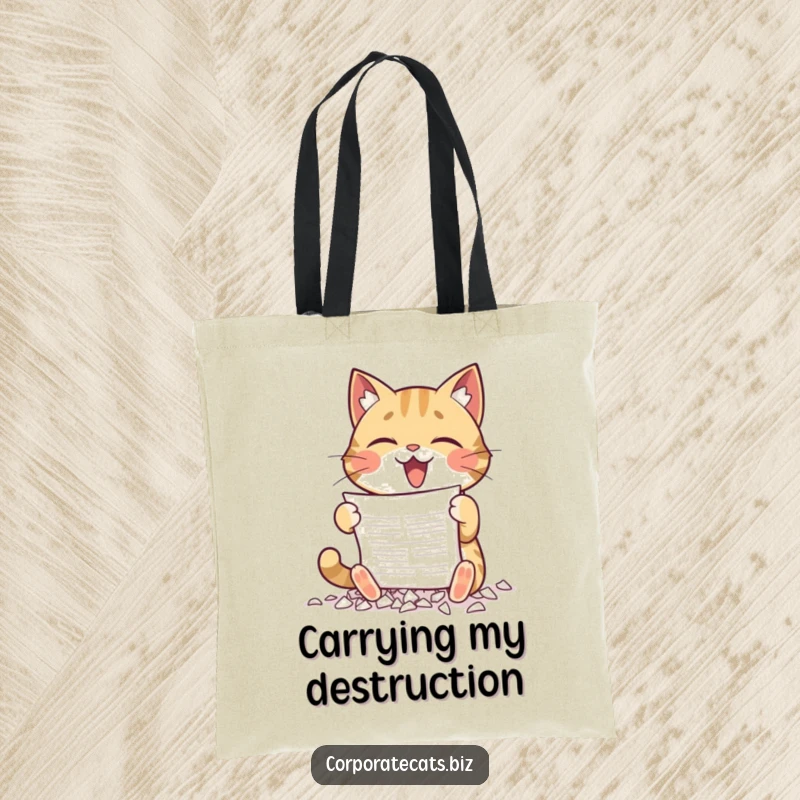 Funny tote bag featuring a cat gleefully shredding a document with its paws, perfect for carrying essentials with a humorous edge.